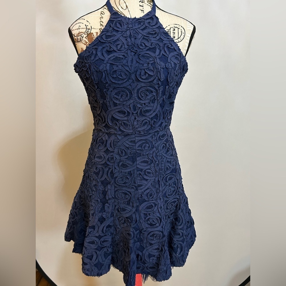 BCBGMaxAzria Navy Rosette Halter Mini Dress